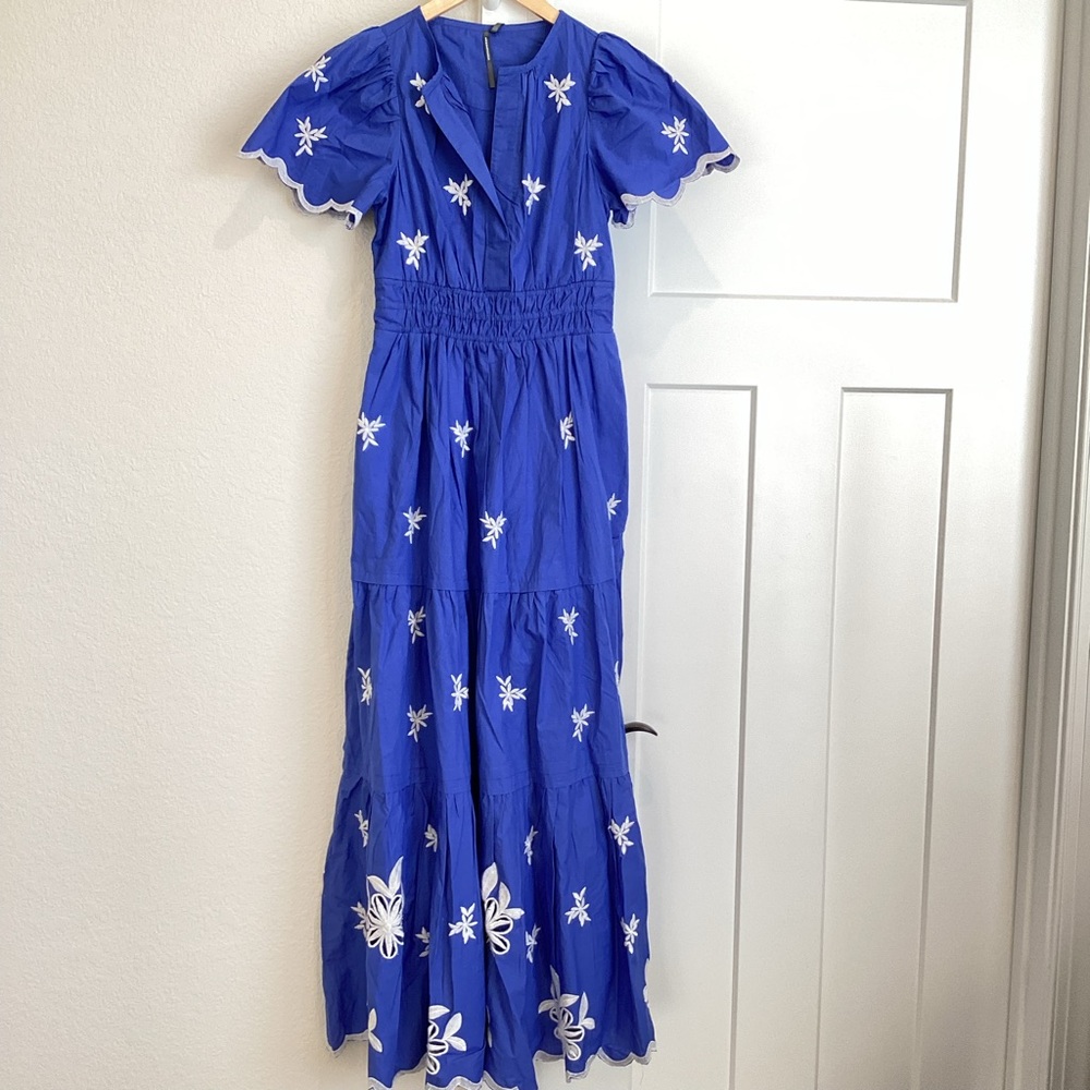 Anthropologie Somerset Embroidered Maxi Dress Short-Sleeve New XXS Blue White - Picture 4 of 16